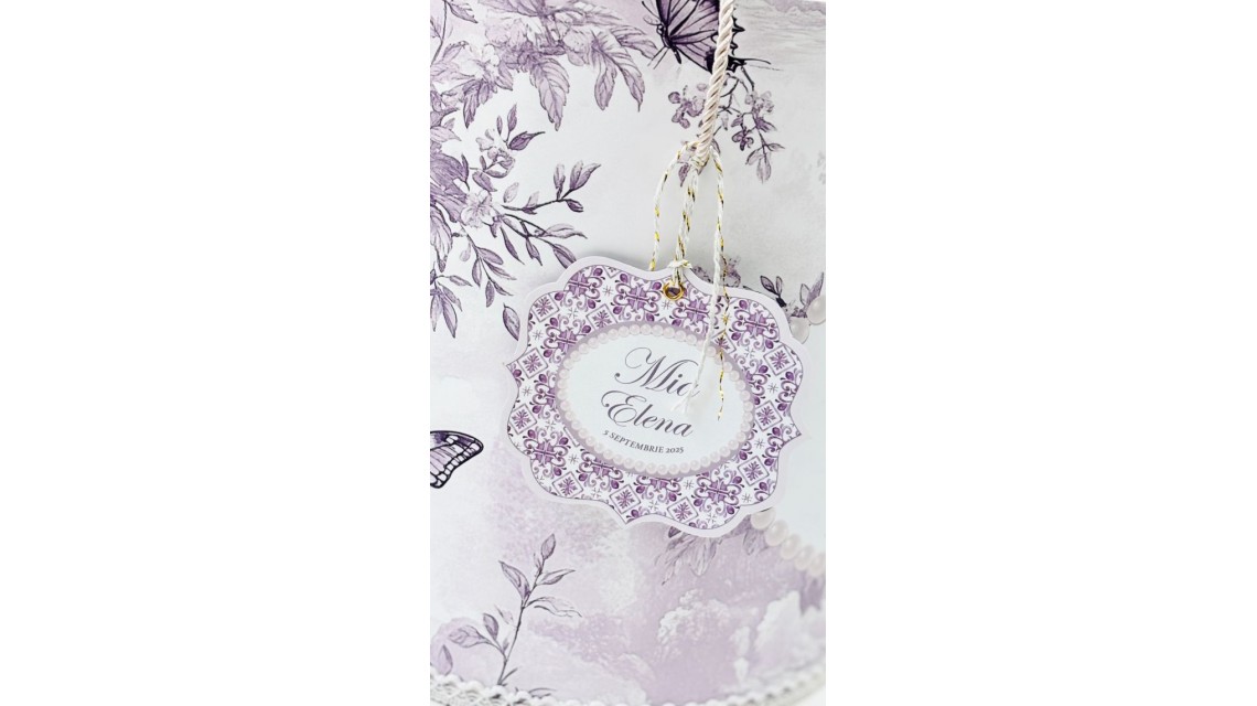 Trusou botez Purple Toile cu fluturi și flori mov personalizat 12